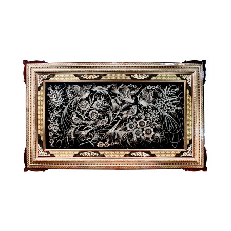 Etching & inlay frame - تابلو قلمزنی گل و مرغ با قاب خاتم پهن 80در130