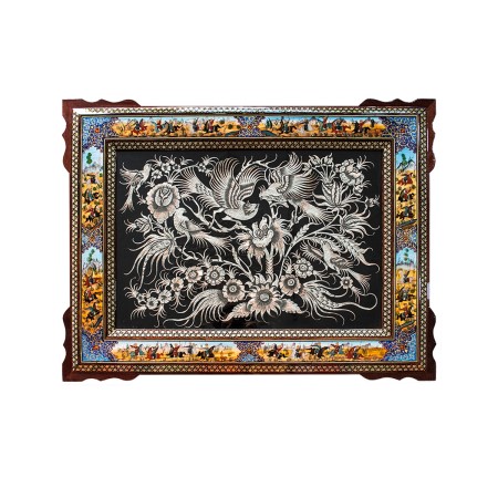 Etching & inlay frame - تابلو قلمزنی گل و مرغ با قاب خاتم و نقاشی چوگان 75در95