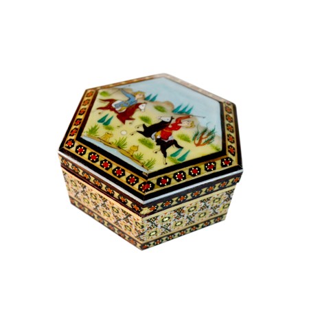 جعبه جواهر خاتم کاری شش گوش طرح شکار - khatam jewerly box