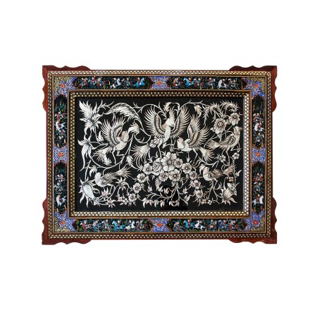 Etching & inlay frame - تابلو قلمزنی گل و مرغ با قاب خاتم و نقاشی چوگان 75در95
