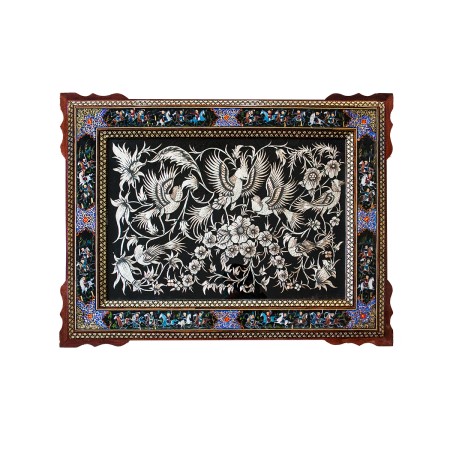 تابلو قلمزنی گل و مرغ با قاب خاتم و نقاشی چوگان 75در95 - Etching & inlay frame