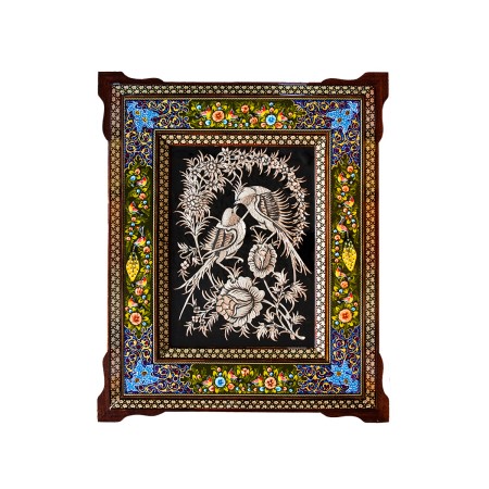 تابلو عمودی قلمزنی گل و مرغ با قاب خاتم و نقاشی اسلیمی (تذهیب) 55در65 - Etching & inlay frame