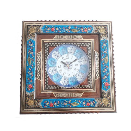 khatam clock - ساعت خاتم کاری نقاشی گل و مرغ مربعی 48در48