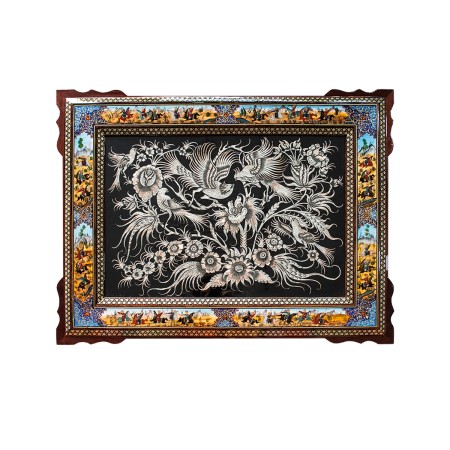 تابلو قلمزنی گل و مرغ با قاب خاتم و نقاشی چوگان 75در95 - Etching & inlay frame