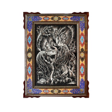 تابلو عمودی قلمزنی گل و مرغ با قاب خاتم و نقاشی چوگان 75در95 - Etching & inlay frame