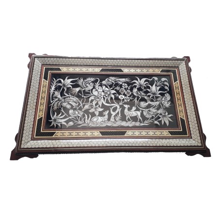 تابلو قلمزنی شکار و گل و مرغ با قاب خاتم ترنج 55در85 - Etching & inlay frame